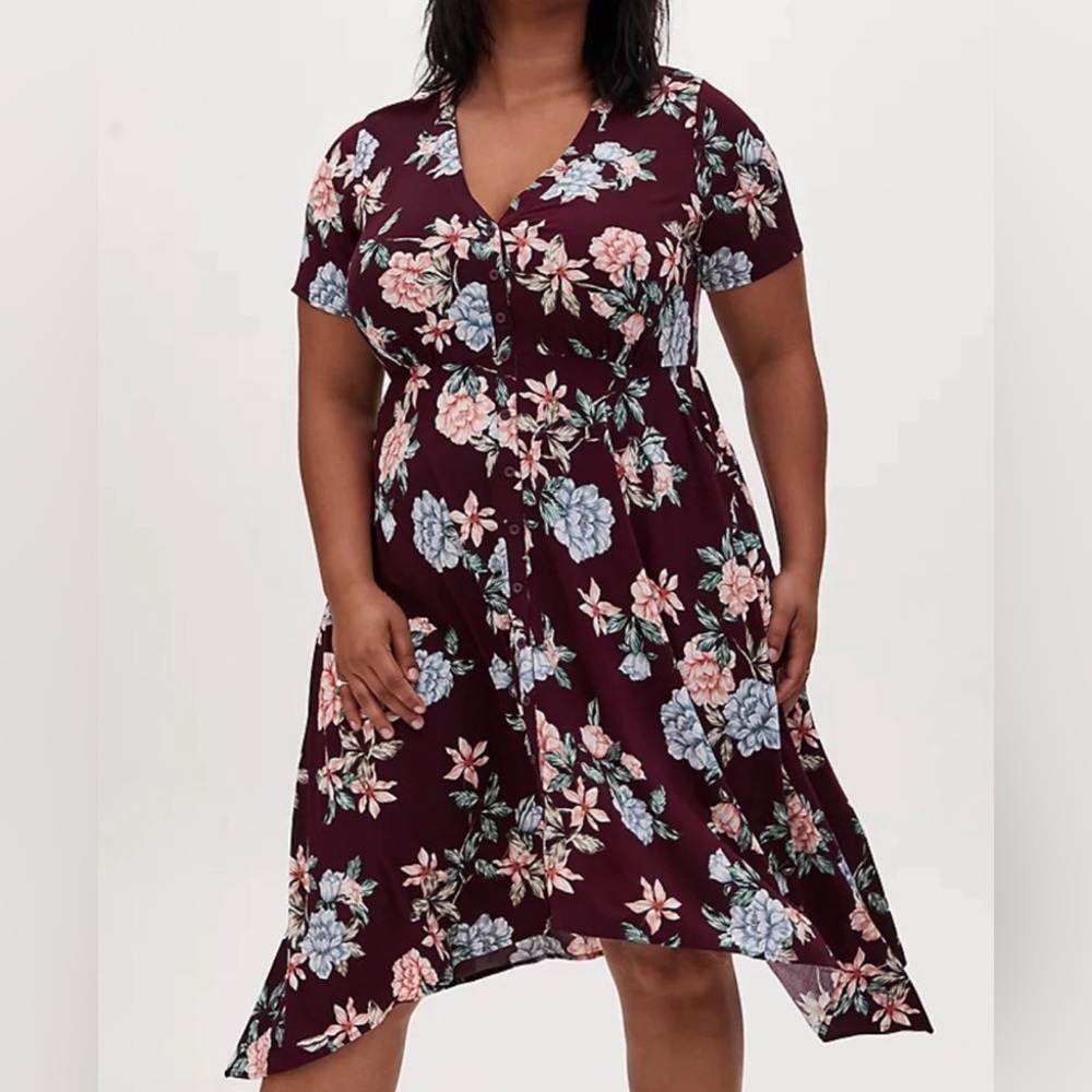 Torrid Floral Print Challis Button Front Midi Shark Bite Shirt Dress
